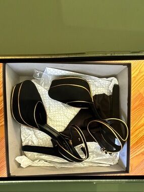 Gucci Black Platform Ankle-Strap Heels with Gold Trim